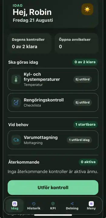 Min Egenkontroll – vy för dagens kontroller med kyl- och frystemperaturer, rengöringskontroll och varumottagning.