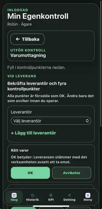 Min Egenkontroll – formulär för varumottagning med leverantör och kontrollpunkter.